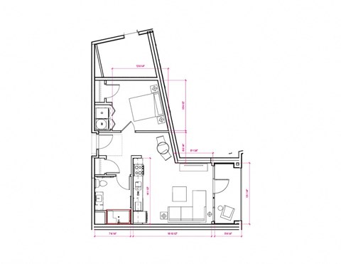 Floor plan for 1 bed, 1 bath, 589 sqft